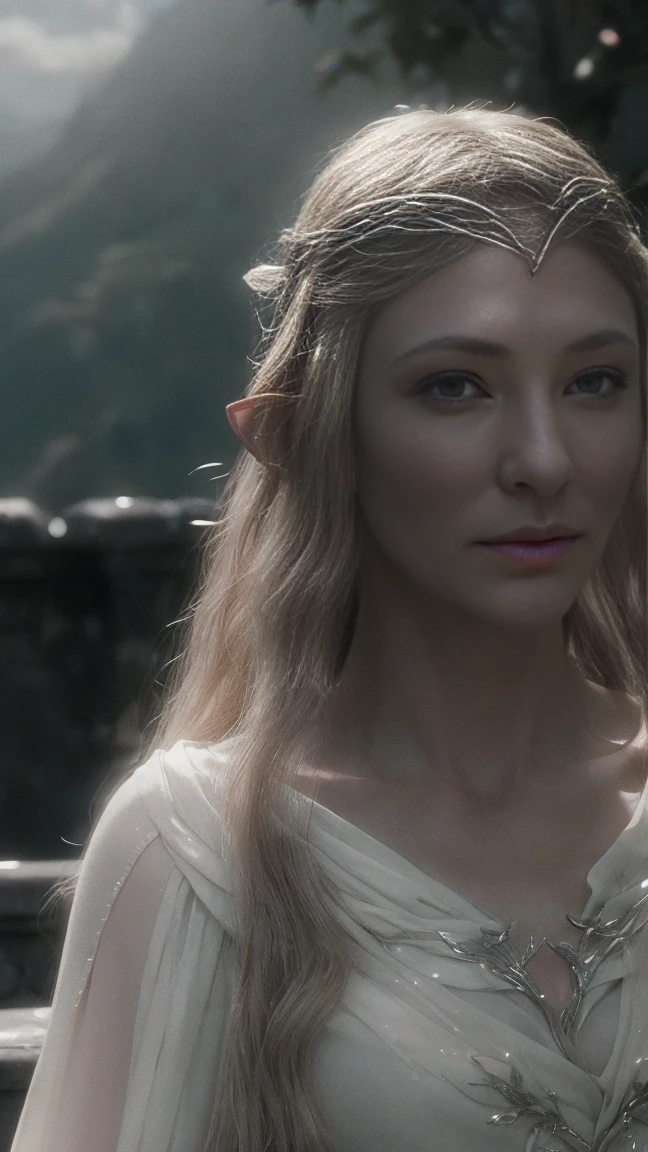 Galadriel elf, white wavy very long hair, cinematic, with Rivendale in the background, magical atmosphere, silver pollen, glow, glare