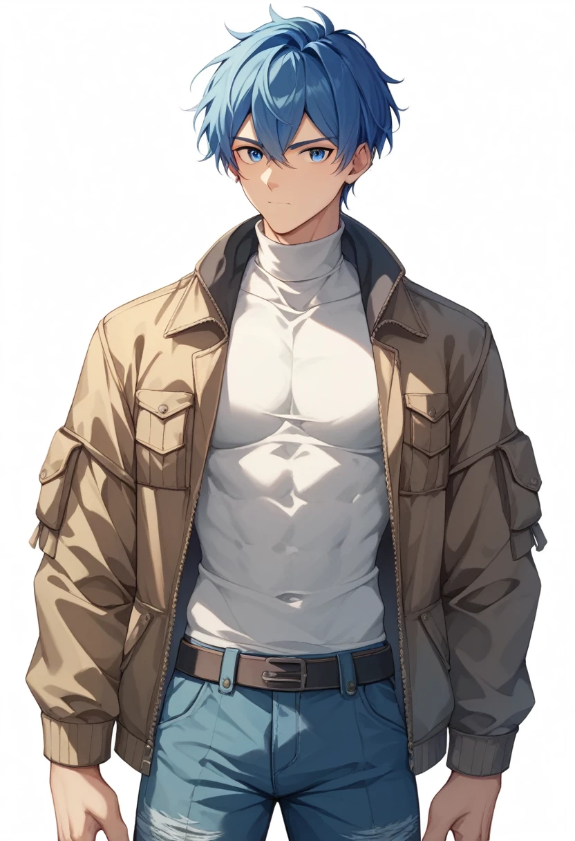 (masterpiece, best quality:1.2), White background、black、turtleneck、Blue clothes、Blue Hair、blue eyes、whole body、White background、male、Short Hair、Front facing、Street fashion、Jacket、cargo pants