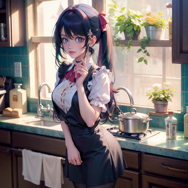 1girl, Ai Hoshino_(Oshi no Ko), centered girl, perfectly body, perfectly hands, solo, jewelry, magenta roses, rabbit jewel on her hair, ornament hair, twintails, rabbit jewel on her hair, purple hair, long hair, long flowing hair, floating hair, ornament hair, perfectly body, perfectly hands, rose on hair, magenta rose on hair, Looking at the viewer, on the kitchen, stand up close to window, cakes, flowing hair, Beautiful Eyes, Plump and glossy lips, maid, black dress with too many frills, black maid dress, magenta laces, maid black Short skirt, maid small skirt, black skirt with layers, Drape clothes, magenta gem, Lace trim, luxury gold details, gold jewelry, more details, best quality, Big sparkling eyes, blushing, black Striped Lace Stockings, black Lolita skirt, sparkle, solo, centered girl, cowboy shot, perfectly body, perfectly hands, two arms, two legs, two hands, five fingers, perfect anatomy, glowing hair, magenta roses, on the kitchen, sparkles, more details on her clothes, maid black dress with transparency, ornament hair, perfectly body, perfectly hands, wave hair, light green hair, long hair, maid, maid dress, maid headdress, maid apron, garden through the window, bakery, kitchen scenery, gold lantern, bakery utensils, holding a pastry brush, black dress, more details on her clothes, black dress, golden details, night, smiling, ((4k, masterpiece, top-quality)),8k, best quality, high resolution, HD, (illustration:0.8), super cute girl, delicate and beautiful face, 1girl, solo, mature girl, super cute hairstyle, (beautiful detailed eyes:1.6), extremely detailed face, perfect lighting, extremely detailed CG, (perfect hands, perfect anatomy), Best quality, cleavage, short skirt, full Body, cleavage