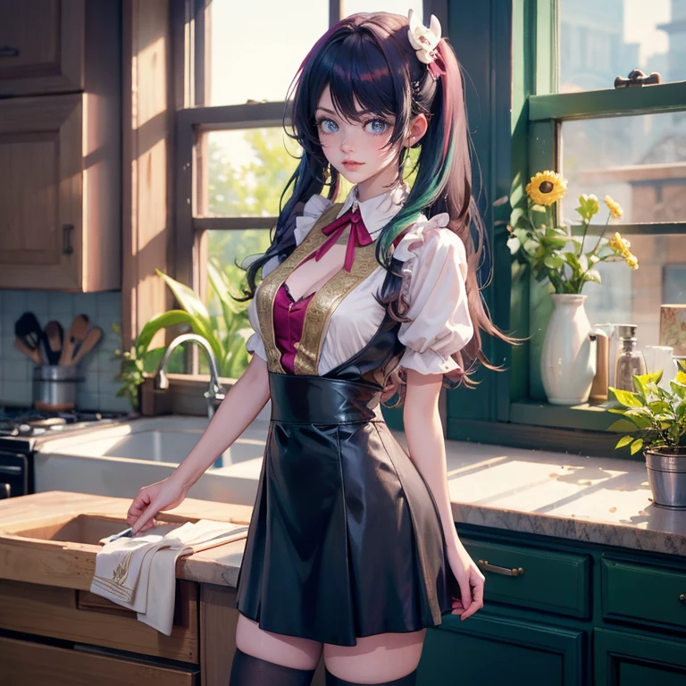 1girl, Ai Hoshino_(Oshi no Ko), centered girl, perfectly body, perfectly hands, solo, jewelry, magenta roses, rabbit jewel on her hair, ornament hair, twintails, rabbit jewel on her hair, purple hair, long hair, long flowing hair, floating hair, ornament hair, perfectly body, perfectly hands, rose on hair, magenta rose on hair, Looking at the viewer, on the kitchen, stand up close to window, cakes, flowing hair, Beautiful Eyes, Plump and glossy lips, maid, black dress with too many frills, black maid dress, magenta laces, maid black Short skirt, maid small skirt, black skirt with layers, Drape clothes, magenta gem, Lace trim, luxury gold details, gold jewelry, more details, best quality, Big sparkling eyes, blushing, black Striped Lace Stockings, black ta skirt, sparkle, solo, centered girl, cowboy shot, perfectly body, perfectly hands, two arms, two legs, two hands, five fingers, perfect anatomy, glowing hair, magenta roses, on the kitchen, sparkles, more details on her clothes, maid black dress with transparency, ornament hair, perfectly body, perfectly hands, wave hair, light green hair, long hair, maid, maid dress, maid headdress, maid apron, garden through the window, bakery, kitchen scenery, gold lantern, bakery utensils, holding a pastry brush, black dress, more details on her clothes, black dress, golden details, night, smiling, ((4k, masterpiece, top-quality)),8k, best quality, high resolution, HD, (illustration:0.8), super cute girl, delicate and beautiful face, 1girl, solo, mature girl, super cute hairstyle, (beautiful detailed eyes:1.6), extremely detailed face, perfect lighting, extremely detailed CG, (perfect hands, perfect anatomy), Best quality, cleavage, short skirt, full Body, cleavage