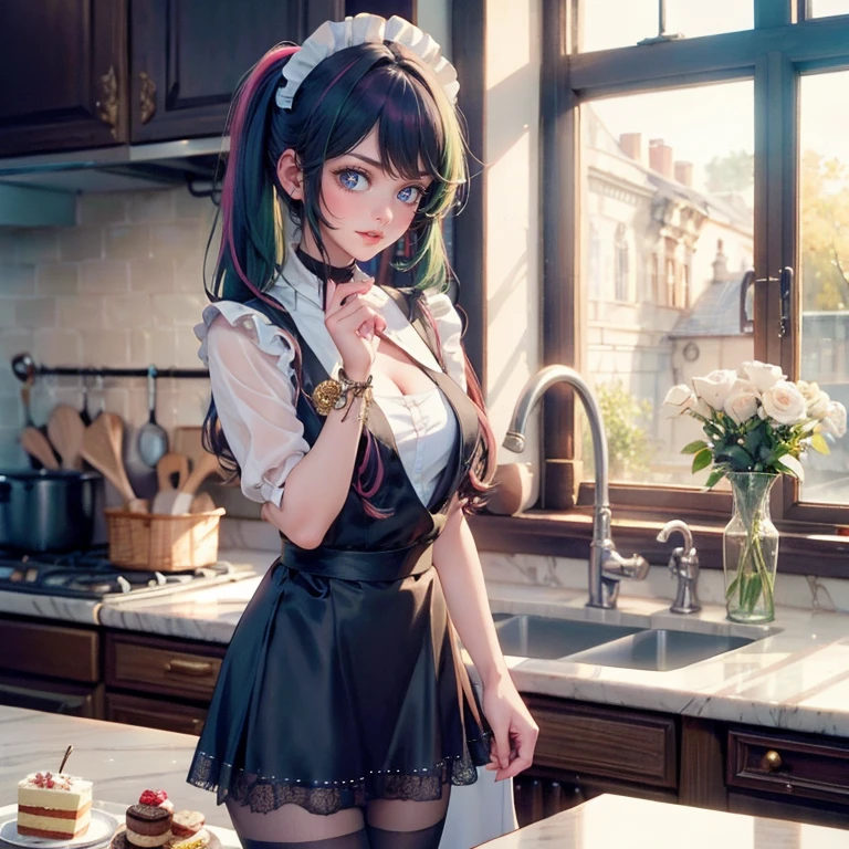 One Girl、(20-year-old woman)、Cat ears headband、Cat tail、Black maid outfit、Holding a tray with two parfaits on it in one hand、With the other hand, lift your skirt to show your underwear、Short skirt、I can see your pants、White knee-high socks、Striped pants、Highest quality、8K、Beautiful Face、Mischievous smile、Wink to the viewer、View Viewer、A bright cafe with a black cat