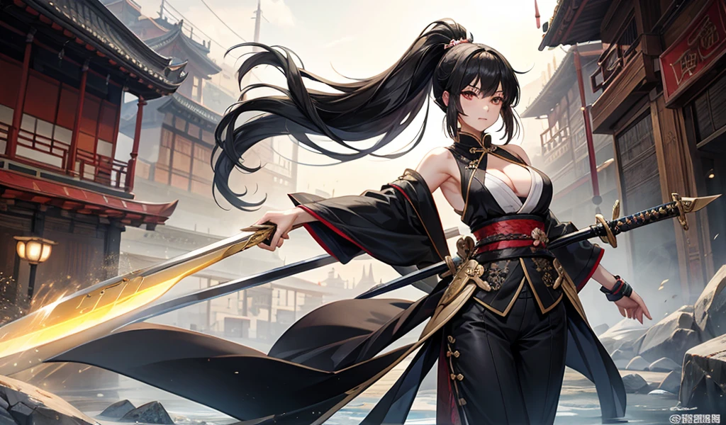 Beauty with black hair and long ponytail，Bare arms，Sleeveless kimono，cleavage，long pants，Long sword，Chinese cities