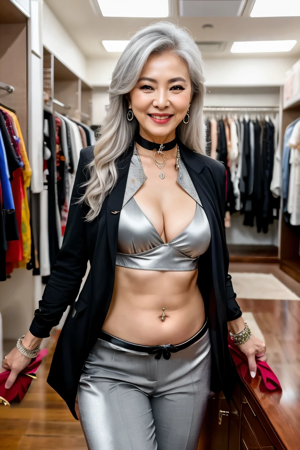 75 years old　mom　milf　Chinese Lady　large earring　Big choker　navel piercing decoration　A bracelet　Silver Hair　realisitic　Gorgeous Madame Beautiful Mature Woman　sexly　Smile　Gentle woman navel piercing　４K　High quality closet　Lots of costumes　dancer　Gorgeous Madame Beautiful Mature Woman