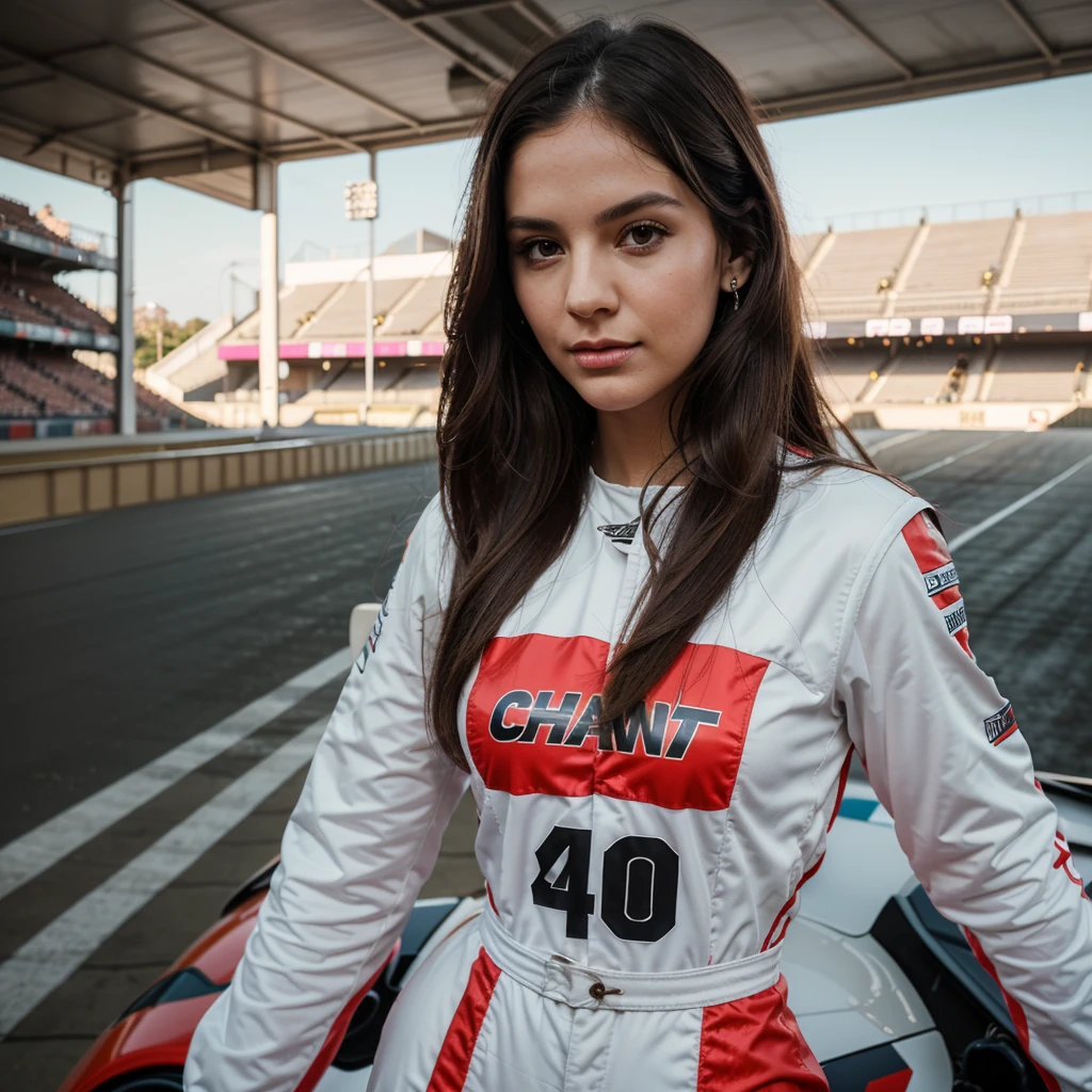1girl in, 30 years old, Square face, Long hair, Looking at viewer, jewelry, Realistic, Sexy, racing outfit, colorful outfit, F1 racetrack background, freestyle pose