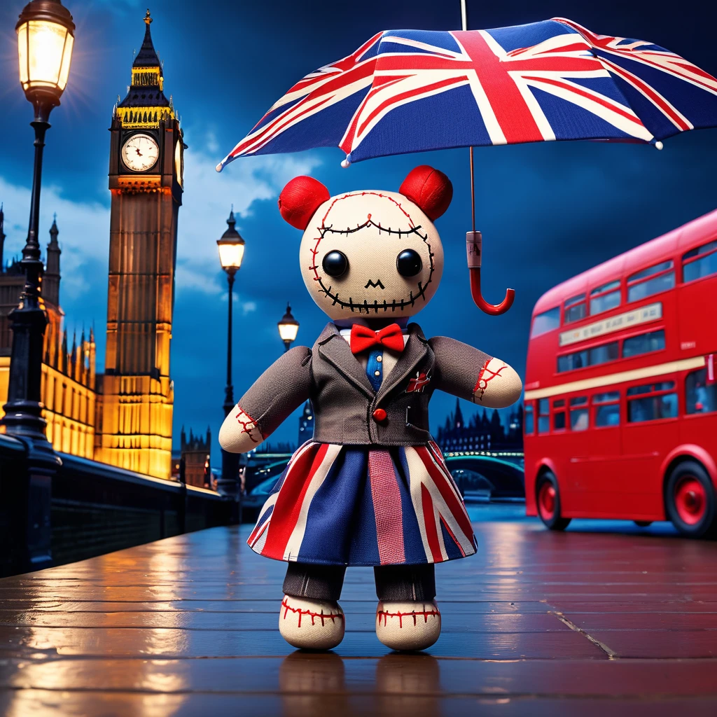 (knitted toy voodoo doll:1.7), (Voodoo Doll:1.3), (Clothing: modern British attire with Union Jack patterns:1.0), (Accessories: enchanted umbrella emitting soft blue light, levitating teacups:1.1), (background: iconic Big Ben with floating Union Jacks, glowing red buses, and sparkling Thames River:1.2), best quality, masterpiece, detailed soft oil painting, detailed background, dramatic cinematic lighting, soft edge lighting, professional, dramatic lighting, hard edge lighting, ultra quality, 4k, masterpiece, best quality, 8k, ultra high definition, high resolution, extremely detailed