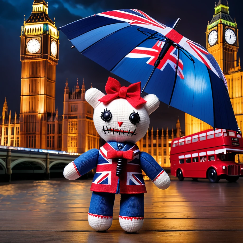 (knitted toy voodoo doll:1.7), (Voodoo Doll:1.3), (Clothing: modern British attire with Union Jack patterns:1.0), (Accessories: enchanted umbrella emitting soft blue light, levitating teacups:1.1), (background: iconic Big Ben with floating Union Jacks, glowing red buses, and sparkling Thames River:1.2), best quality, masterpiece, detailed soft oil painting, detailed background, dramatic cinematic lighting, soft edge lighting, professional, dramatic lighting, hard edge lighting, ultra quality, 4k, masterpiece, best quality, 8k, ultra high definition, high resolution, extremely detailed