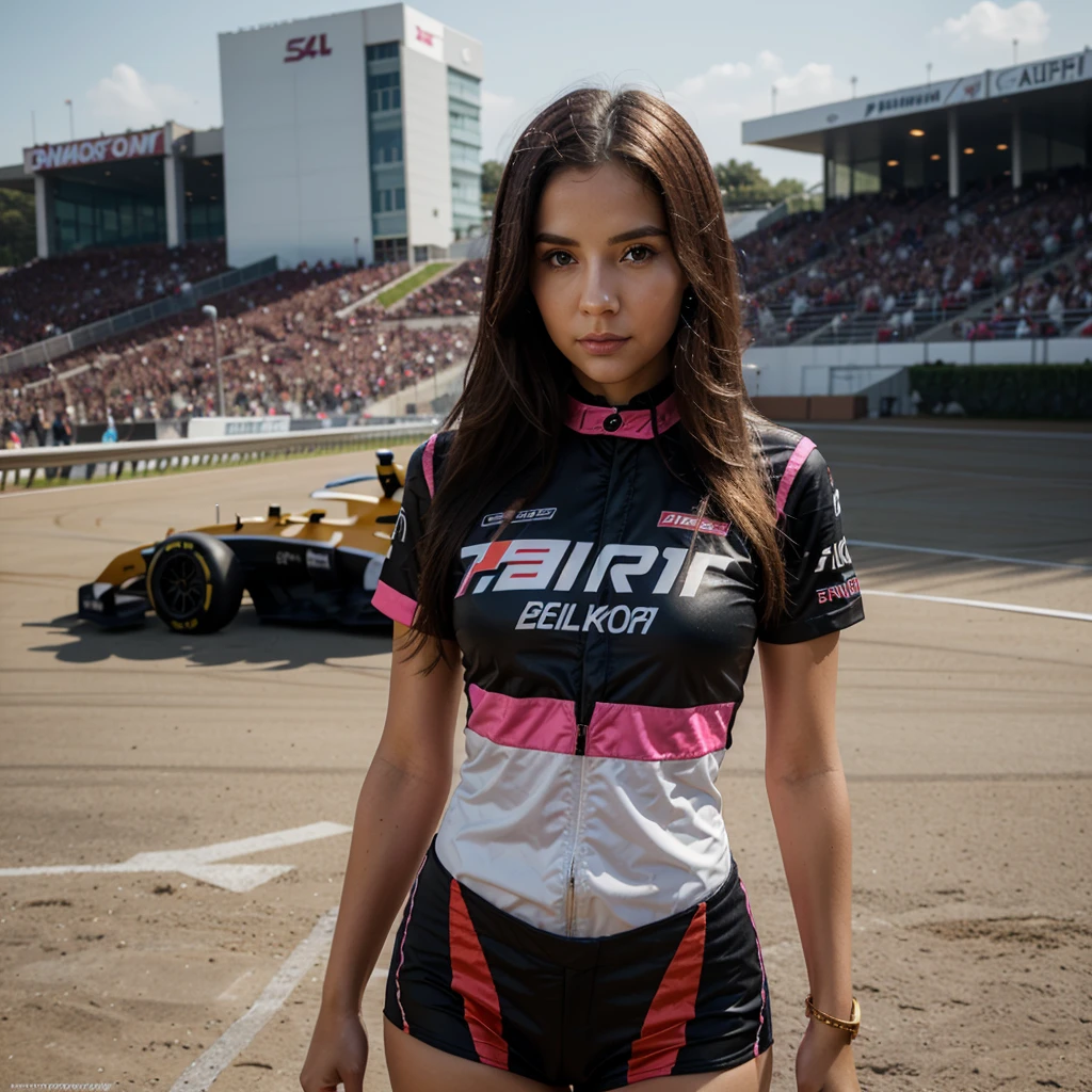 1girl in, 30 years old, Square face, Long hair, Looking at viewer, jewelry, Realistic, Sexy, racing outfit, colorful outfit, F1 racetrack background, freestyle pose