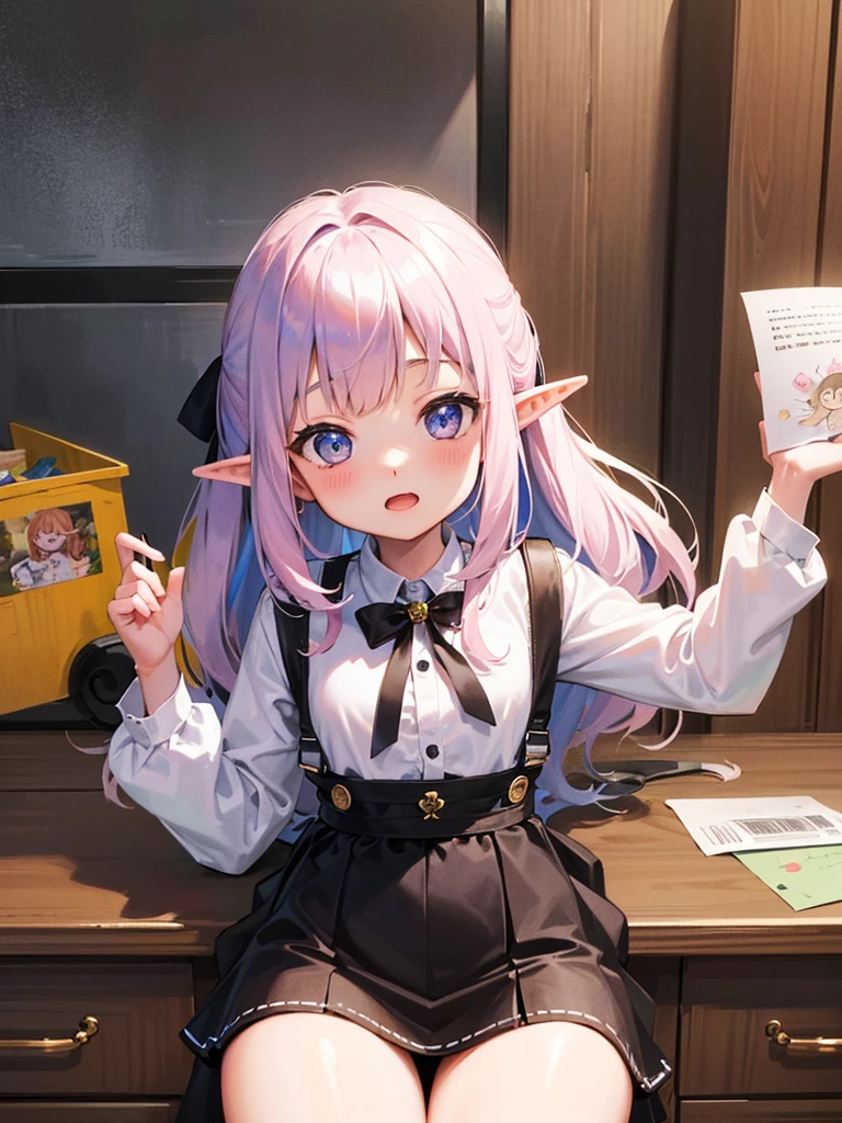 high resolution、8k Ultra HD、((One Girl))、((chibi style))、A little elf girl is holding a piece of paper with a picture on it。On paper、The pencil drawing of a cat was extremely detailed and accurate.。