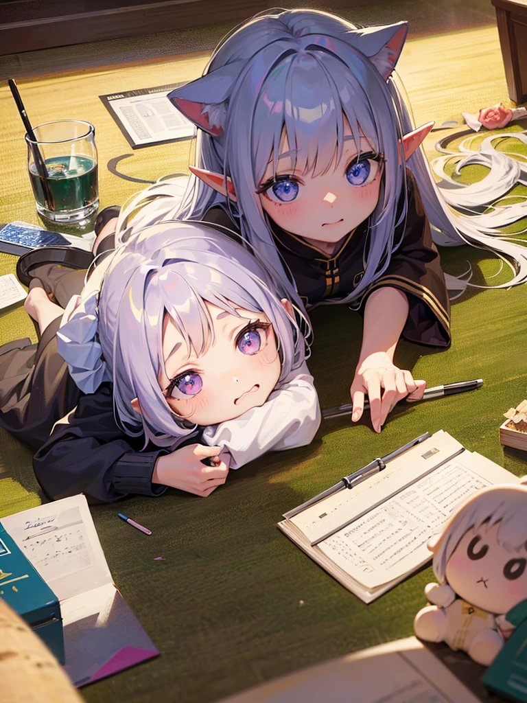 high resolution、8k Ultra HD、((One Girl))、((chibi style))、A little elf girl is holding a piece of paper with a picture on it。On paper、The pencil drawing of a cat was extremely detailed and accurate.。