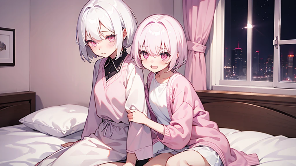 White Hair Girl、Pink Eyes、Short Hair、Only one girl、Night、In the bedroom、Blushing、laughing、Excited、Just One、Sitting on the bed
