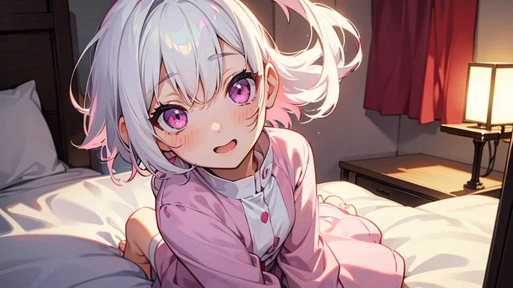 White Hair Girl、Pink Eyes、Short Hair、Only one girl、Night、In the bedroom、Blushing、laughing、Excited、Just One、Sitting on the bed