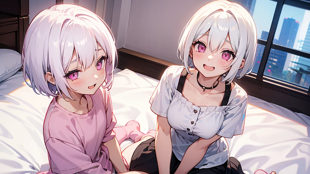 White Hair Girl、Pink Eyes、Short Hair、Only one girl、Night、In the bedroom、Blushing、laughing、Excited、Just One、Sitting on the bed