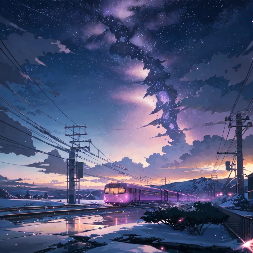 (((Makoto Shinkai Style)),pixiv,animated cartoon,high quality,purple pink sky,Beautiful scene),(universe,train passing,Magical realism,((Makoto Shinkai Style)) ::0.8), [Artistic Atmosphere, Atmosphere:0.8, starry sky, Sierras, snow Mountain, Soda water, Grass, trees, smoke, stars, Low viewing angle, specular dispersion,