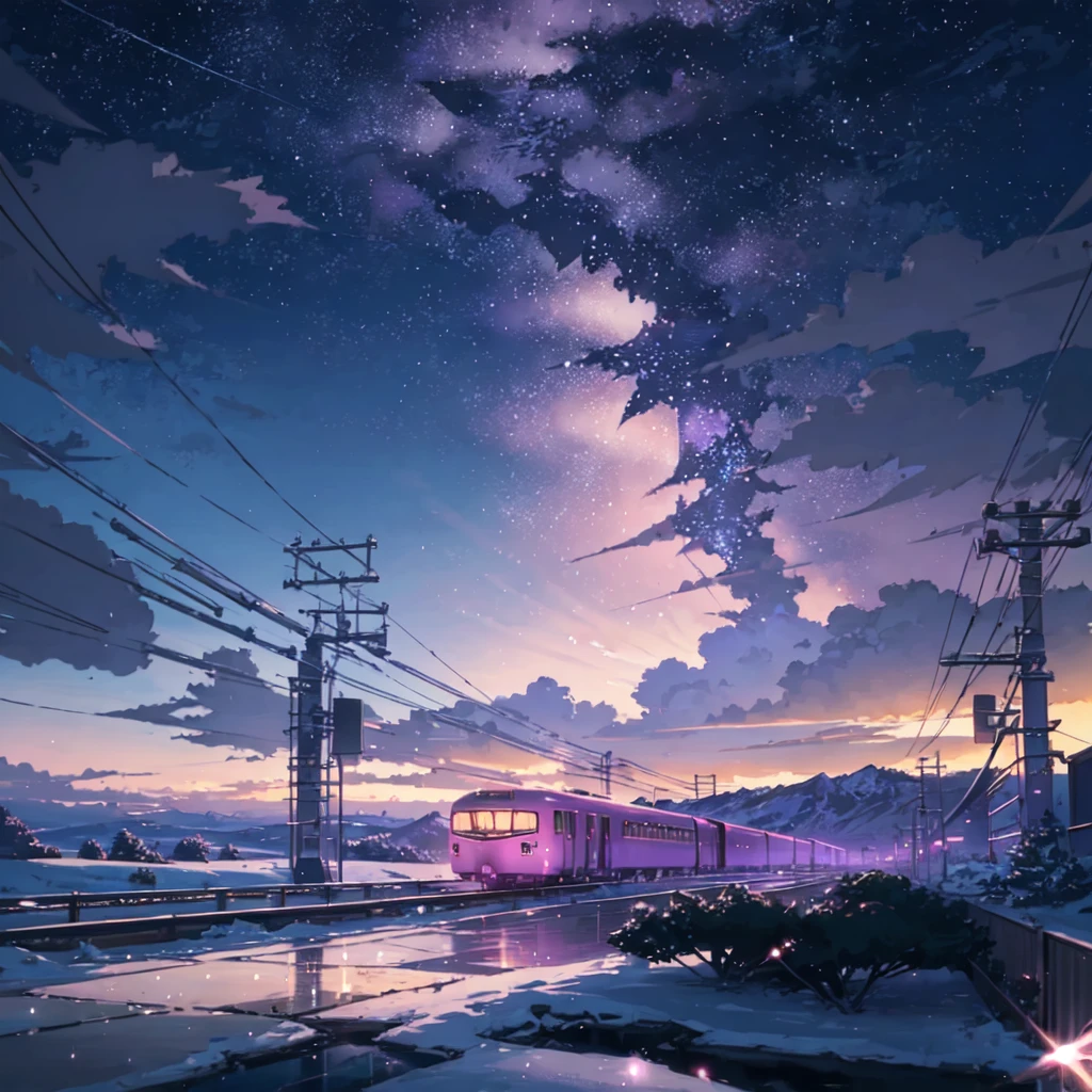 (((Makoto Shinkai Style)),pixiv,animated cartoon,high quality,purple pink sky,Beautiful scene),(universe,train passing,Magical realism,((Makoto Shinkai Style)) ::0.8), [Artistic Atmosphere, Atmosphere:0.8, starry sky, Sierras, snow Mountain, Soda water, Grass, trees, smoke, stars, Low viewing angle, specular dispersion,