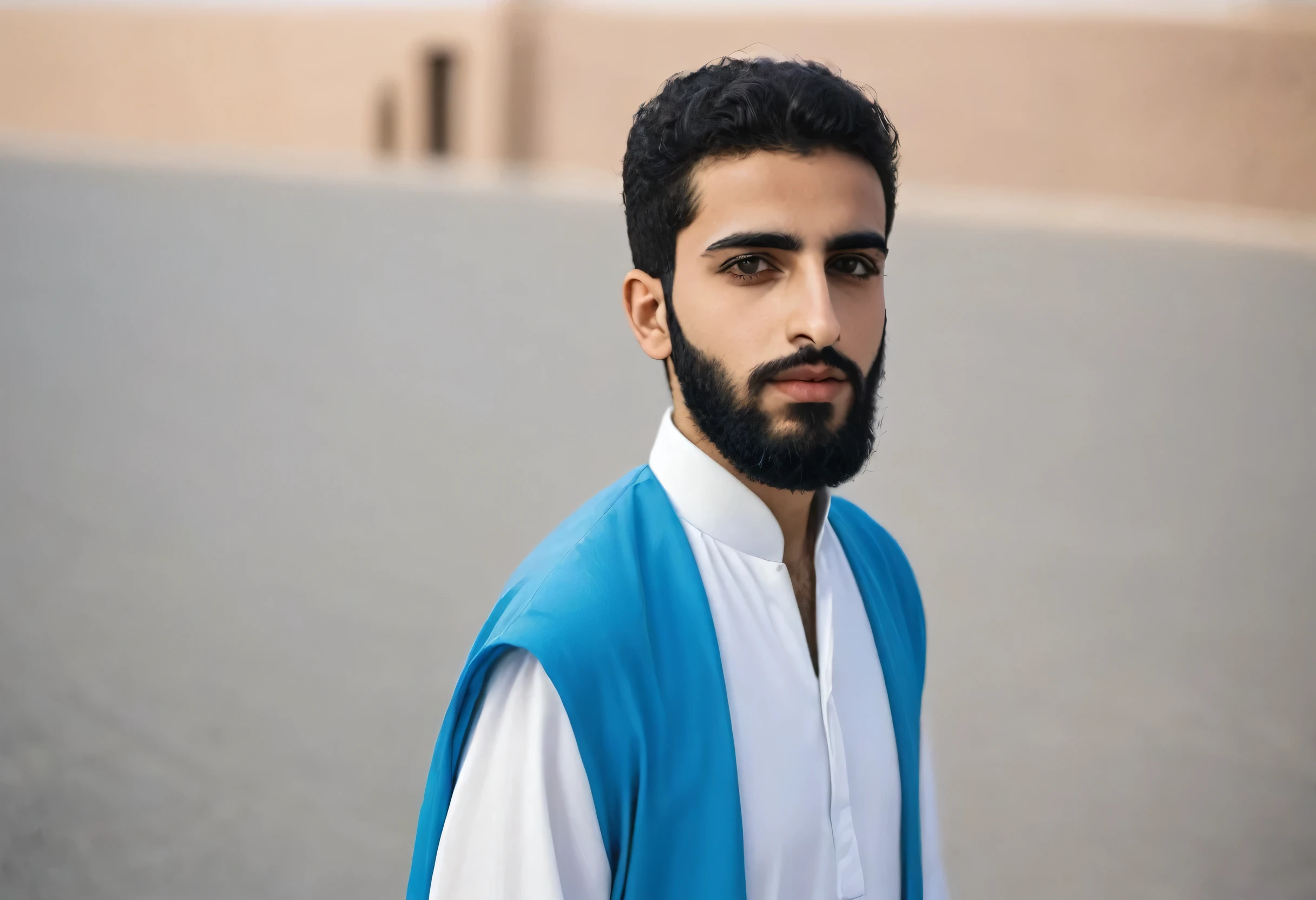 A young Arab man with a white beard, wearing a blue shield,