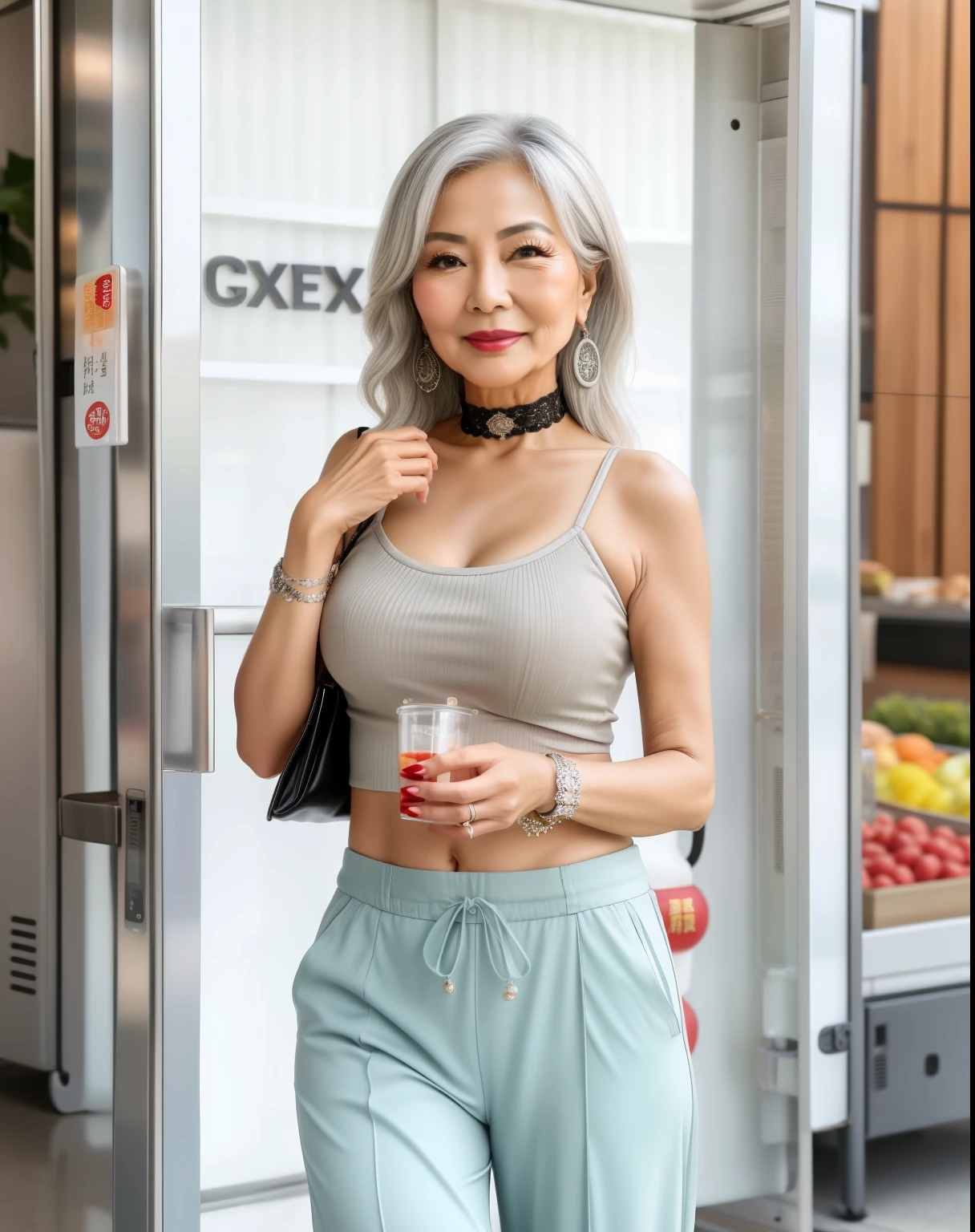 75 years old mom milf Chinese Lady large earring Big choker navel piercing decoration A bracelet Silver Hair realisitic Gorgeous Madame Beautiful Mature Woman sexly Smile Gentle woman navel piercing 4K High quality スーパーマーケット Refrigerated case food Tank top summer shopping luggage Wide-leg trousers