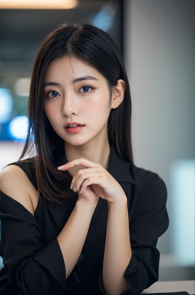 (best quality, 8K, 32k, masterpiece, Ultra HD: 1.2), 1 girl, Beautiful Japanese woman, Thinウエスト,Random , Delicate face, Black Hair, Long hair, Drooping eyes, Thin, revealing the whole body, Delicate fingertips, A woman, Solitary, Dark business attire,Office Background,24 years old