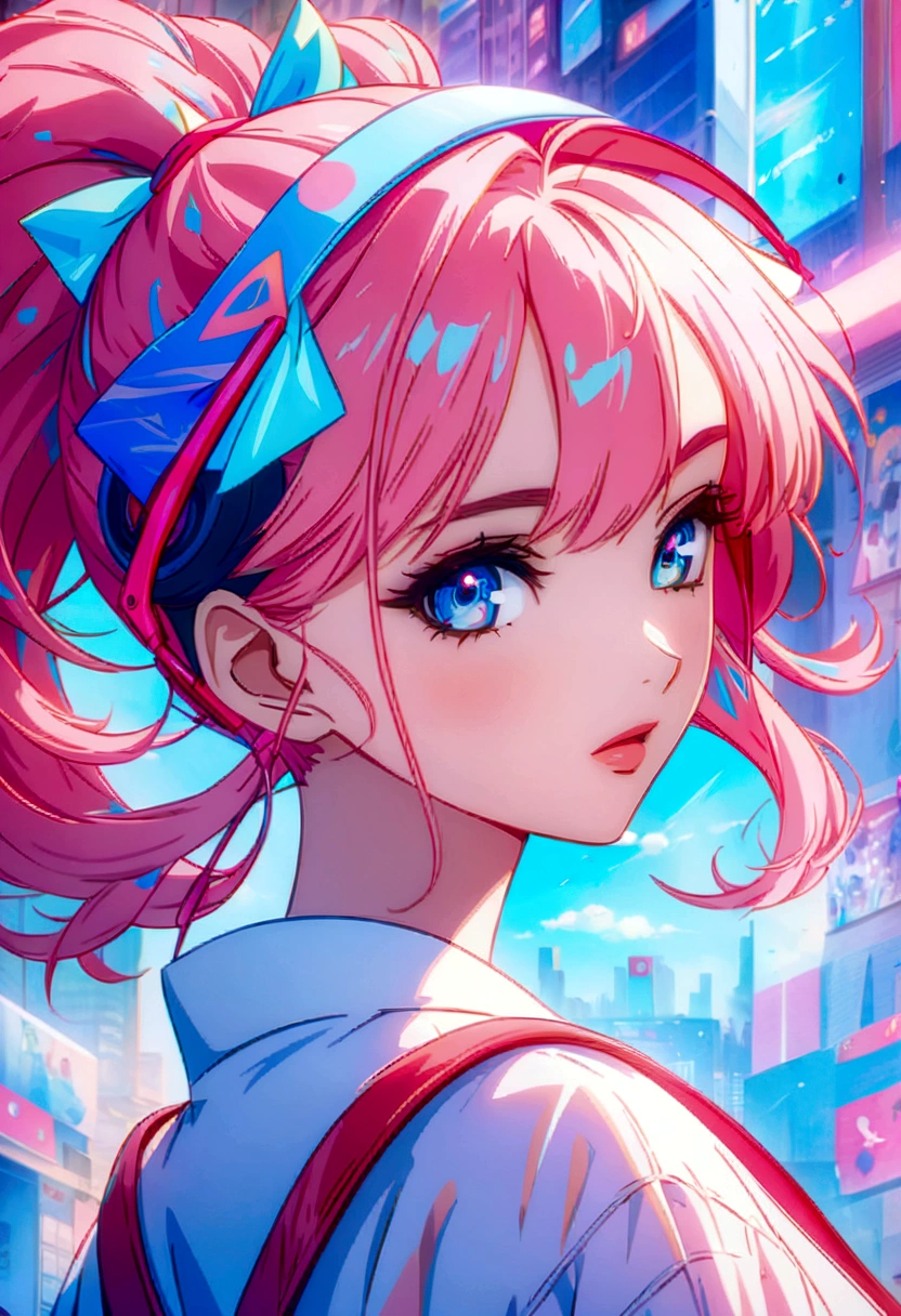 Anime girl with pink hair and blue eyes in the city, Anime Style 4 k, anime art wallpaper 4k, anime art wallpaper 4k, anime wallpaper 4k, anime wallpaper 4k, アニメアート壁紙 8K, Anime Style. 8K, Pink pigtails and cyan eyes, Anime Style portrait, Anime Styled digital art, Digital anime art,((Putting on headphones))