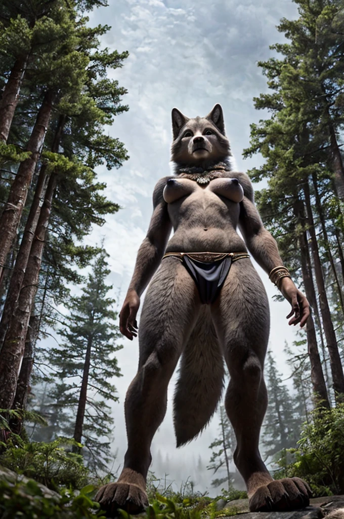 There is one adult character on this picture. The character is an athletic female grey wolf, grey fur, athletic character, athletic, yellow eyes, barefoot, digitigrade, paws, black pawpads, wolf hands, wolf tail, topless, female bare chested, bare chest female, black nipples, black areolas, the character is wearing only a loincloth with a few tribal jewels, loincloth, visible black vagina behind the loincloth, black vagina, visible black pussy behind the loincloth, black pussy, nsfw. The scene takes place on a pine trees forest. Pine trees forest on the background. Cloudy sky. fog. Camera low-angle. Camera low angle. Low-angle. Low angle.