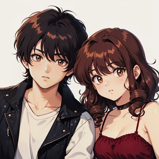 Hoshino Ai, illustration, Drawing, 2 characters, look at the viewer, pair, 1 white man, Brown hair, and 1 woman with red and curly hair, bronze, interaction,top quality, A high resolution.