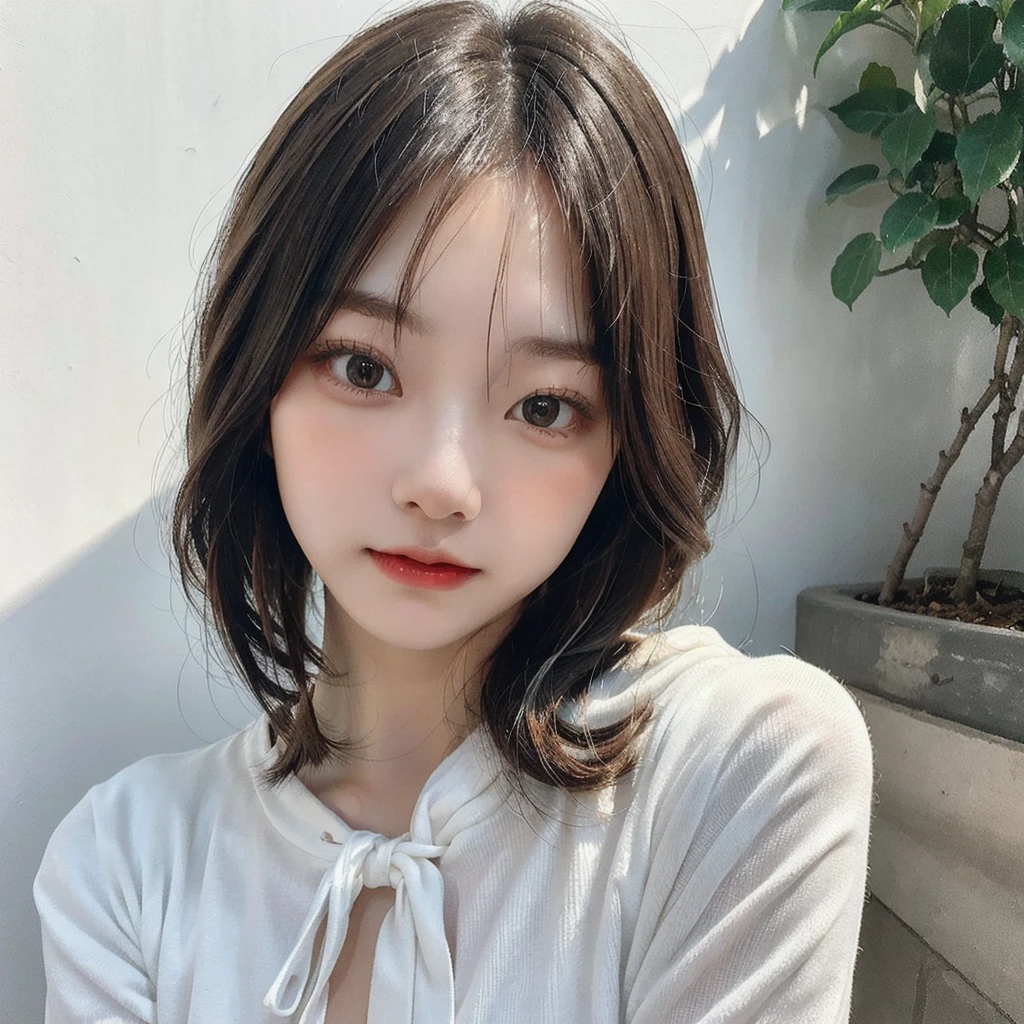 Visual blockbuster on the theme of hairstyle, Chinese girl with short hair, fashionable clothing with light hair, Chinese girl looking frontally at the camera, without makeup highlighting the texture and pores of facial skin, full color picture, close up - white solid background