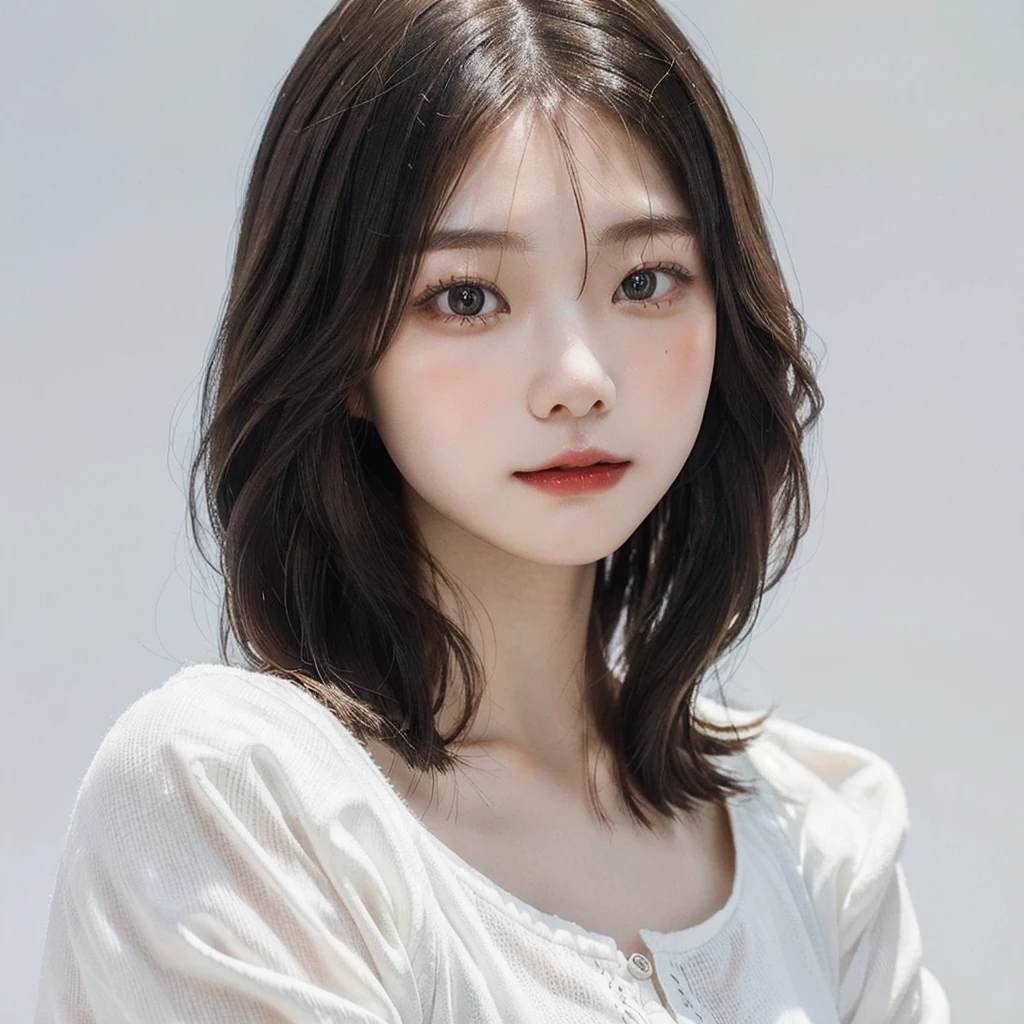 Visual blockbuster on the theme of hairstyle, Chinese girl with short hair, fashionable clothing with light hair, Chinese girl looking frontally at the camera, without makeup highlighting the texture and pores of facial skin, full color picture, close up - white solid background