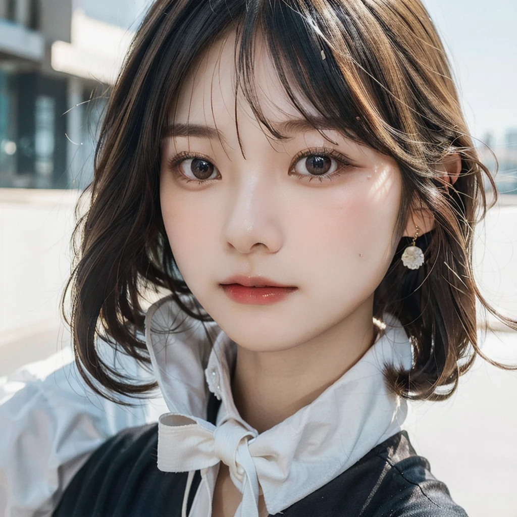 Visual blockbuster on the theme of hairstyle, Chinese girl with short hair, fashionable clothing with light hair, Chinese girl looking frontally at the camera, without makeup highlighting the texture and pores of facial skin, full color picture, close up - white solid background