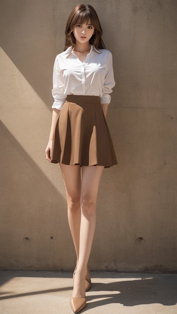 Full Body Shot、Beautiful legs、Cute Skirt、one girl, (a beauty girl, Delicate girl:1.3), (20age:1.3), break, (Cute Shirt:1.5), break, (stand), break, Very fine grain definition, (Symmetrical eyes:1.3), break, Ample breasts, Brown eyes, Parted bangs, Brown Hair, girl, break, (Eye and facial details:1.0), (Full Body Shot, Face Focus:1.0), break, (masterpiece, Highest quality, Super detailed, Detailed face, 8K)
