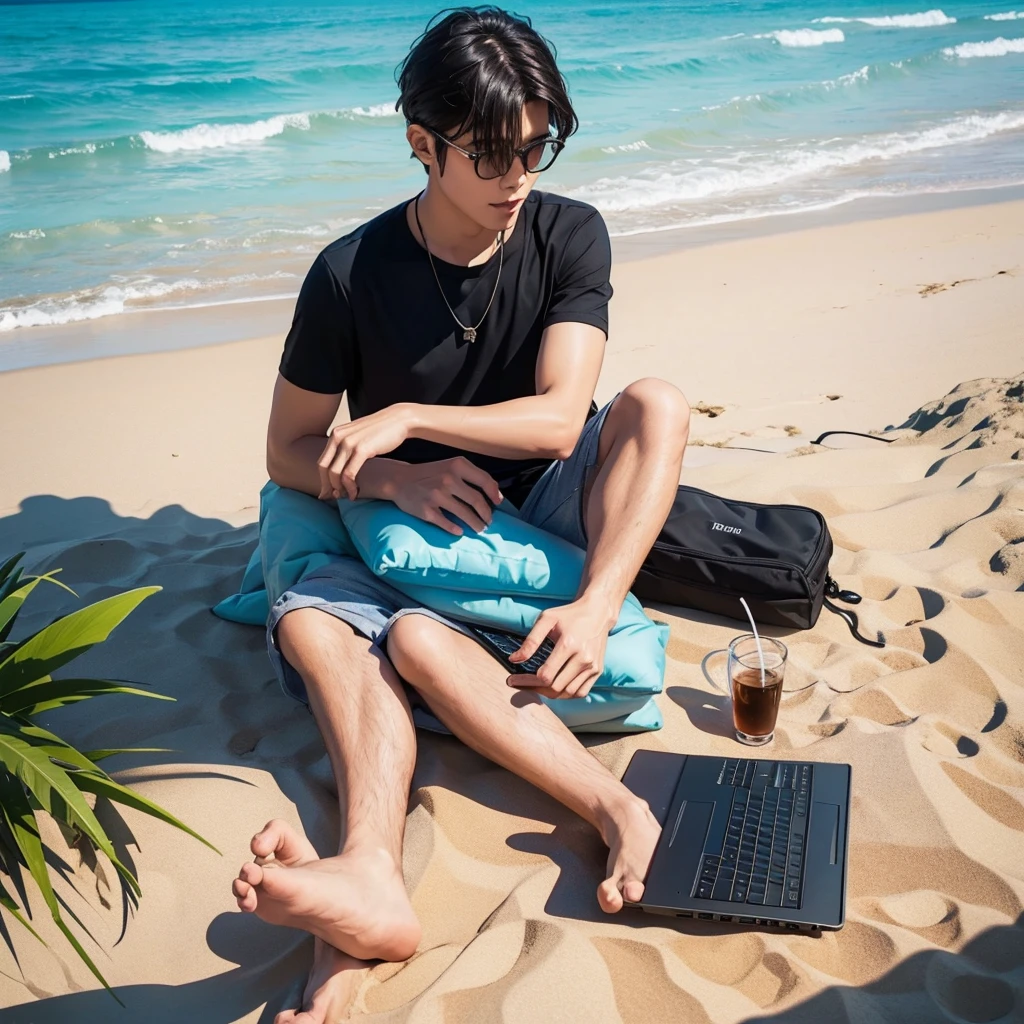 Nomad Worker　Have a smart laptop　YouTube Icon　An illustration　male　Beachside　