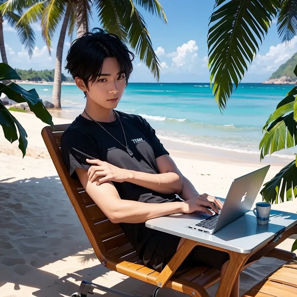 Nomad Worker　Have a smart laptop　YouTube Icon　An illustration　male　Beachside　