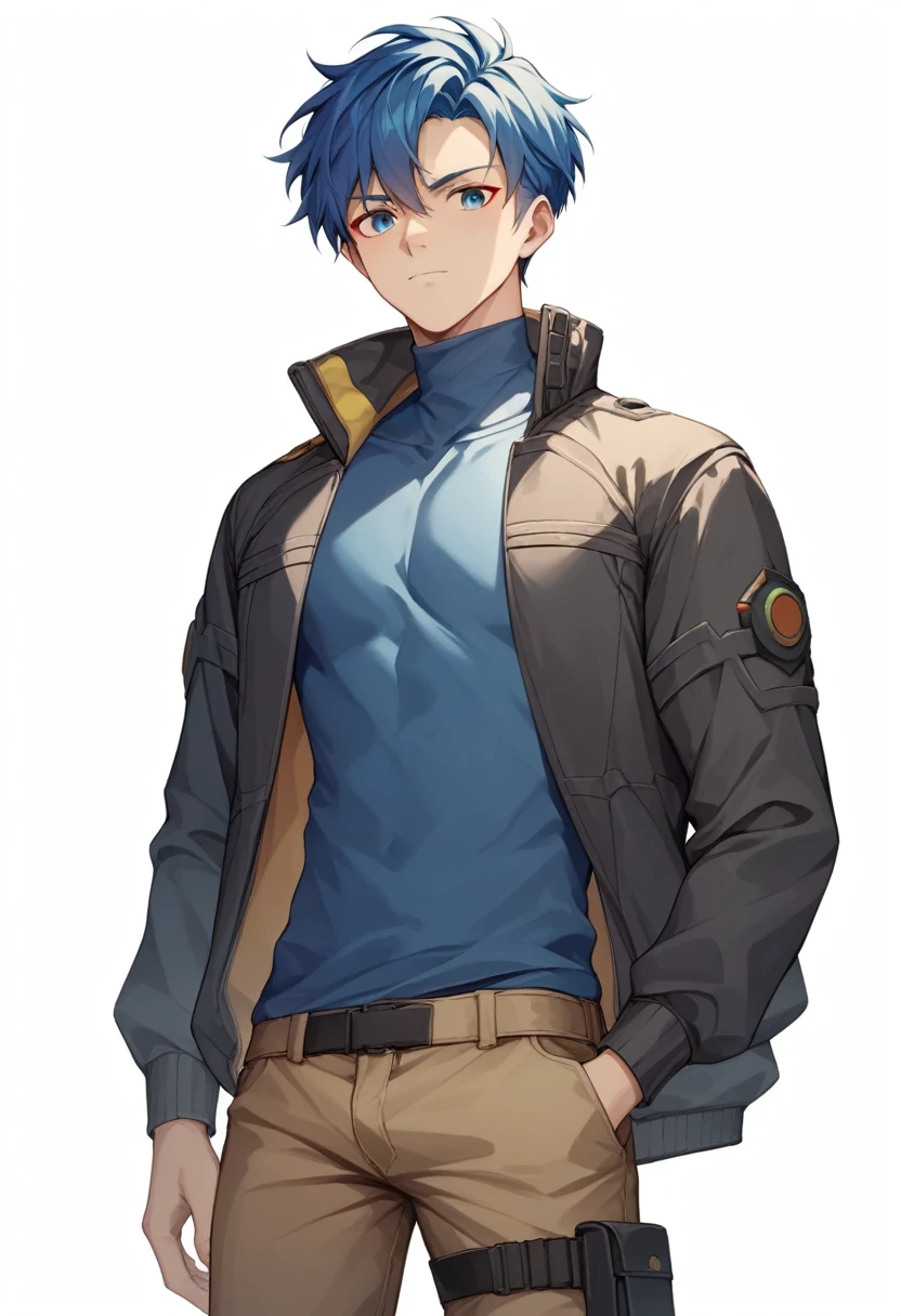 (masterpiece, best quality:1.2), White background、black、turtleneck、Blue clothes、Blue Hair、blue eyes、whole body、White background、male、Short Hair、Front facing、Cyberpunk fashion、Jacket、cargo pants