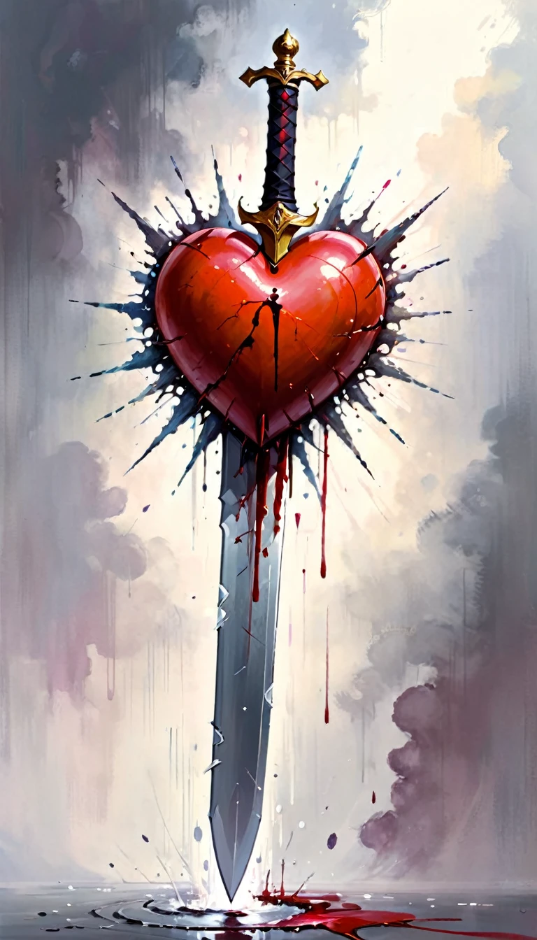 icon with a heart, a sword and blood, (art inspired by Bill Sienkiewicz). oil painting)
