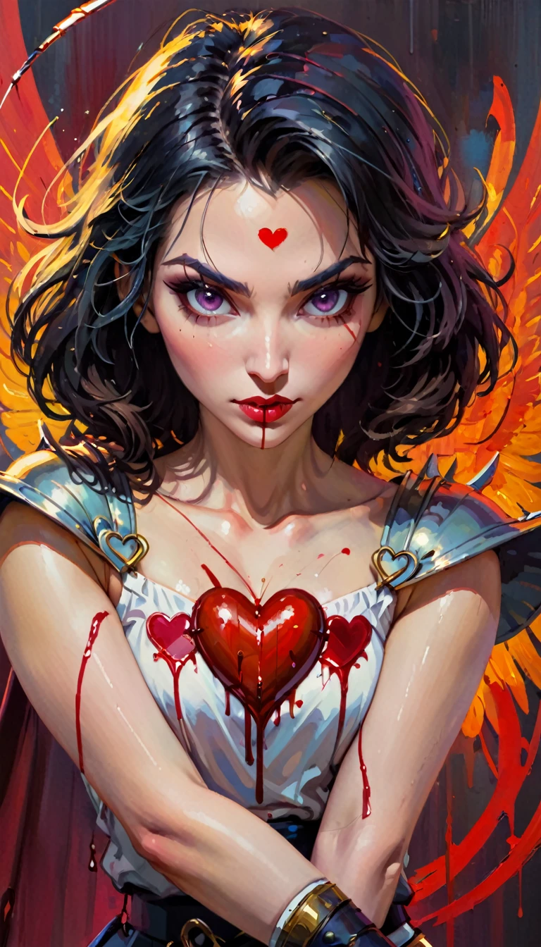 icon with a heart, a sword and blood, (art inspired by Bill Sienkiewicz). oil painting)