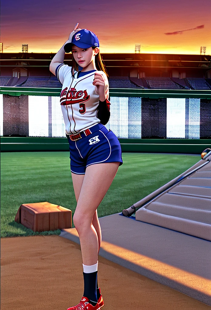 masterpiece, Highest quality, Amazing visuals, High resolution, High resolution, young woman, Beautiful fingers, Beautiful long legs, Beautiful body, Beautiful character design, Baseball uniforms, (Baseball cap:1.2), (Sports socks:1.2), (sunset:1.2), Outdoor, whole body, baseball Ground, Pitcher's Mound, From below, Long Hair, Gray Hair, Green Eyes, (Parted bangs:1.2), Long Hair, Purple Hair, Side Lock, Purple eyes, Blunt bangs, Arfern, How to Throw a Baseball,
