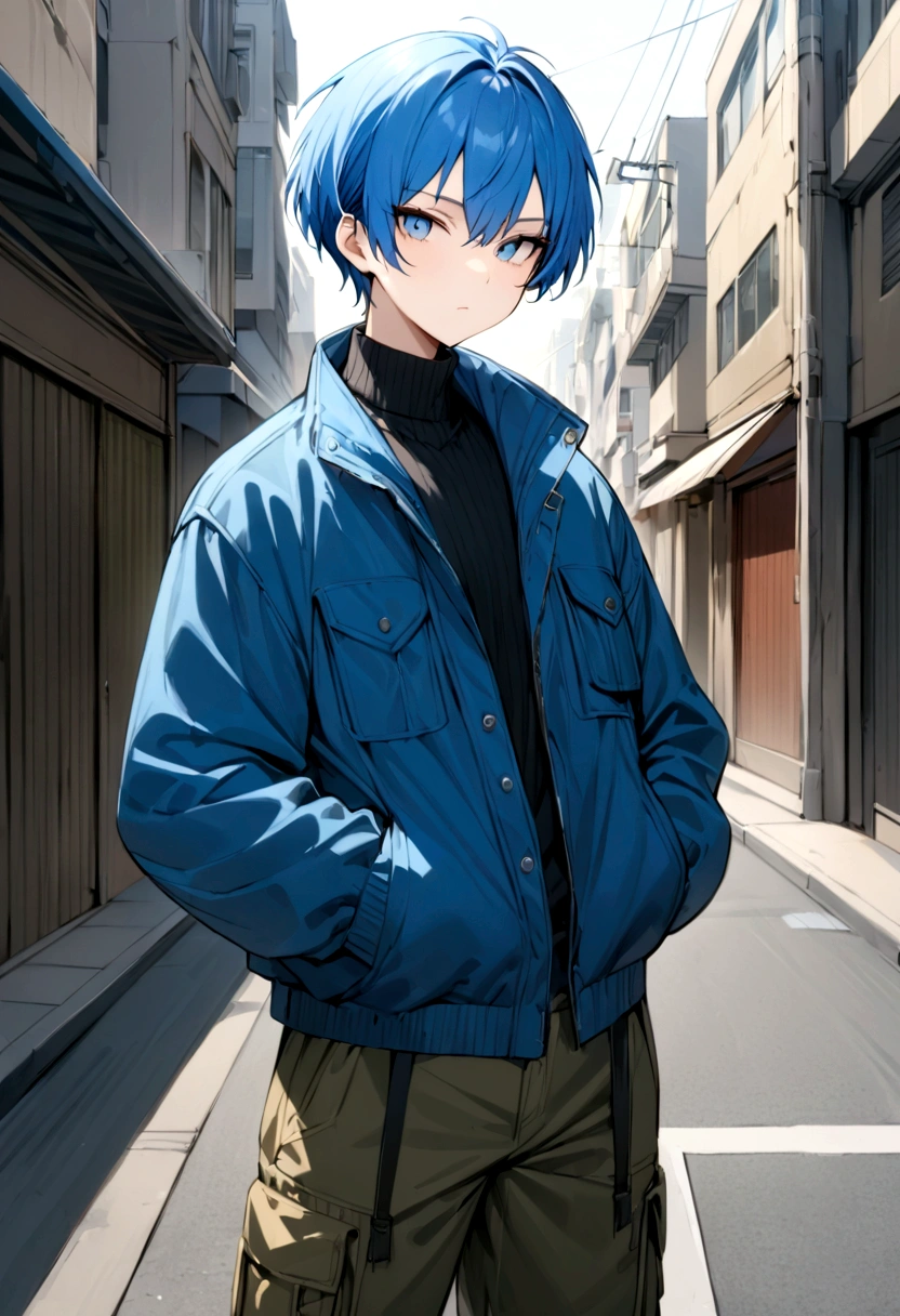 (masterpiece, best quality:1.2), White background、black、turtleneck、Blue clothes、Blue Hair、blue eyes、whole body、White background、male、Short Hair、Front facing、Street fashion、Jacket、cargo pants