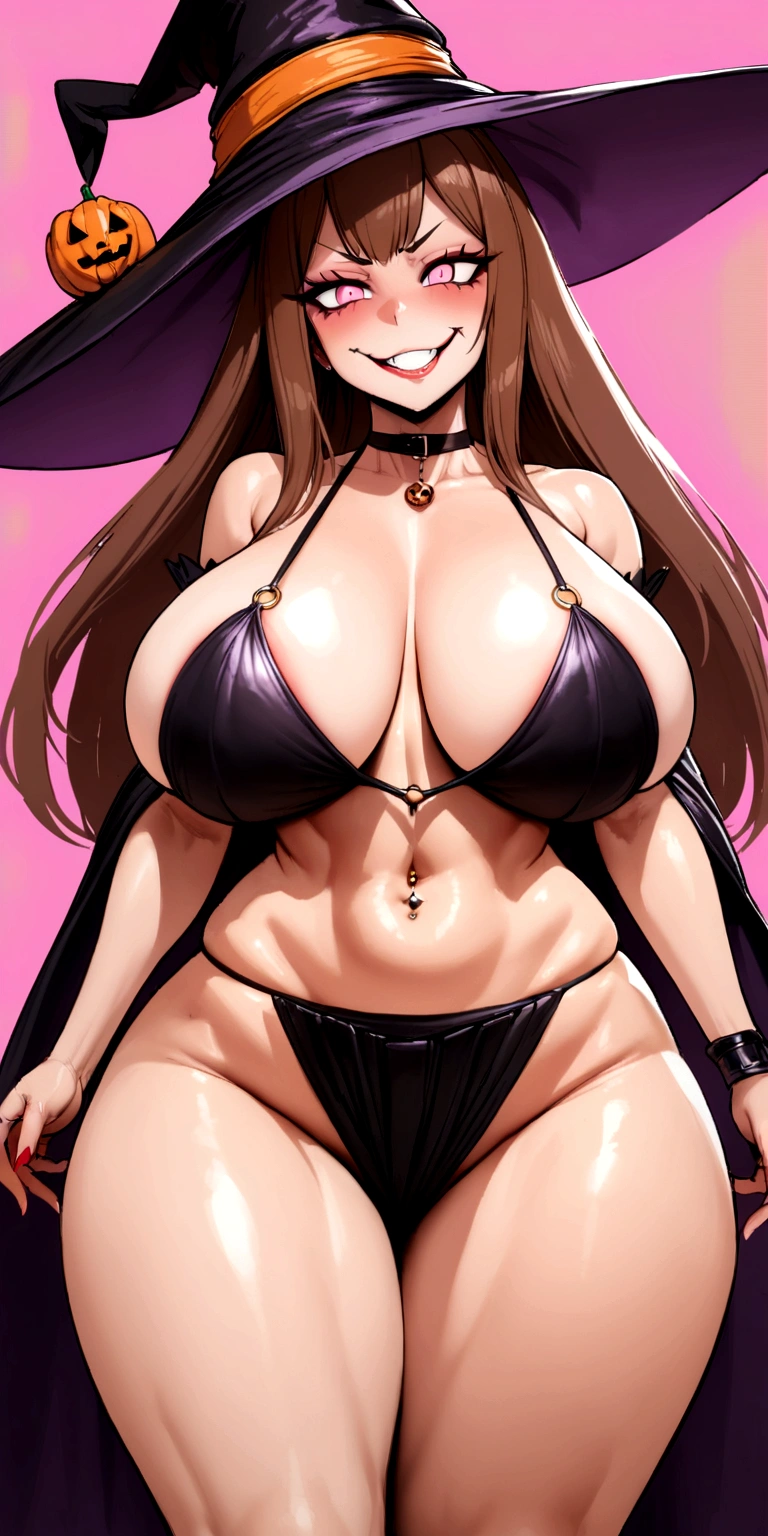 big lips, Brown hair, pink eyes, japanese face, improve, improve grin, two sides up, huge breasts, Wide hips, sexy, detailed, pink room, Hits, (evil smile1.4), kawaii, pleated skirt, halloween, GOOD, witch costume, witch skirt, witch shirt, witch choker, witch skirt, witch shirt, navel piercing, halloween, Witch hat