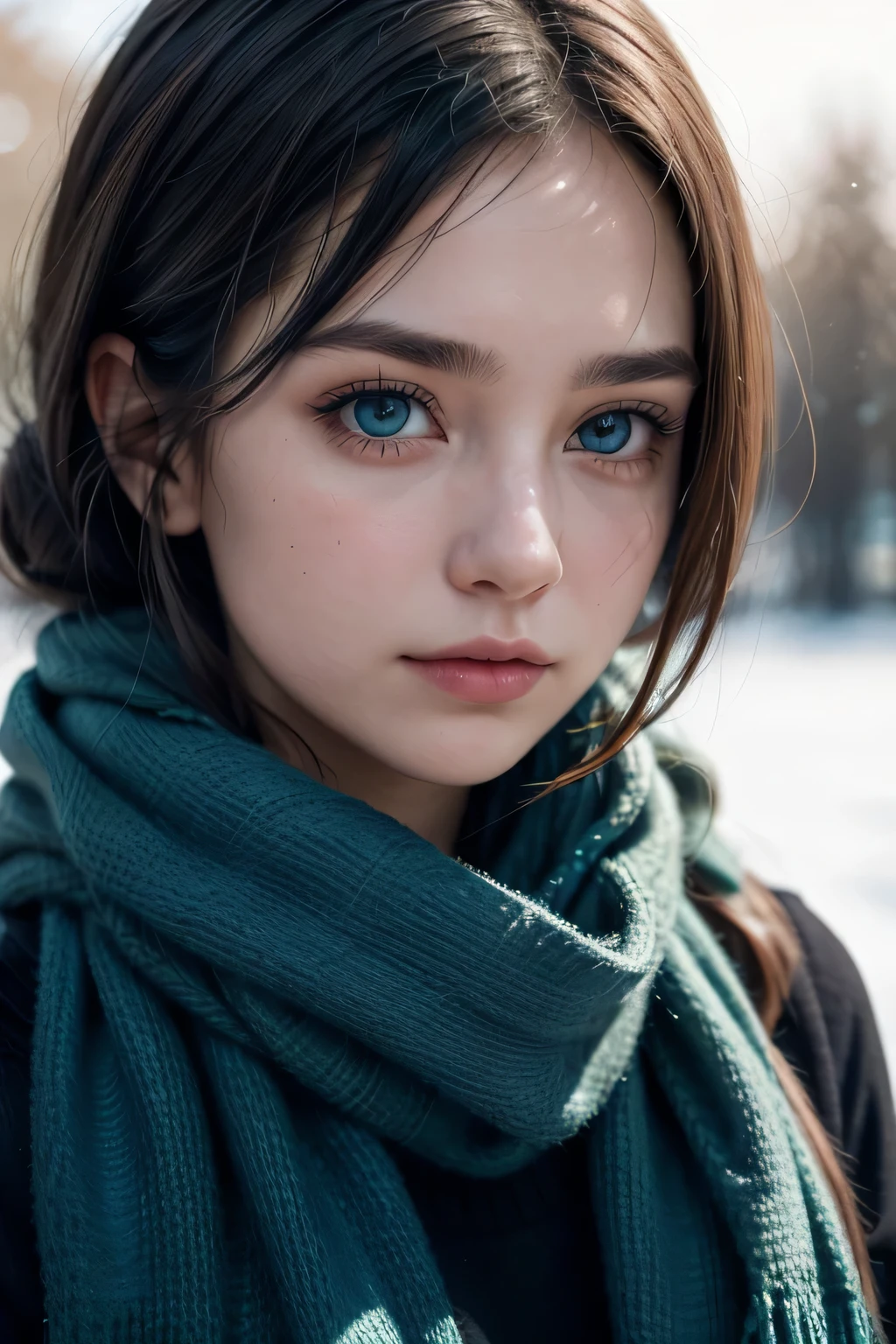 Close-up of a young woman's face partially obscured by a dark teal scarf, highlighting her striking blue eyes, long eyelashes, and well-defined eyebrows. The focus is sharp on her eyes with a soft bokeh background that creates a shallow depth of field. Her brunette hair frames her face, and the image has a cool color tone with a natural light setting. The composition is centered, creating an intimate and engaging portrait with a sense of Mystery.