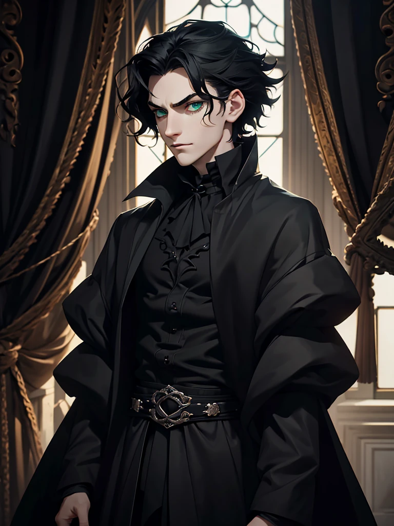 (best quality), 1boy, pale skin, black hair, medium hair, curtain hair, tousled hair, green eyes, perfect eyes, dark circles under eyes, tall, slender, handsome, strong jawline, lazy, light smile, attractive, (gothic clothes), masterpiece, anatomically correct, highres
