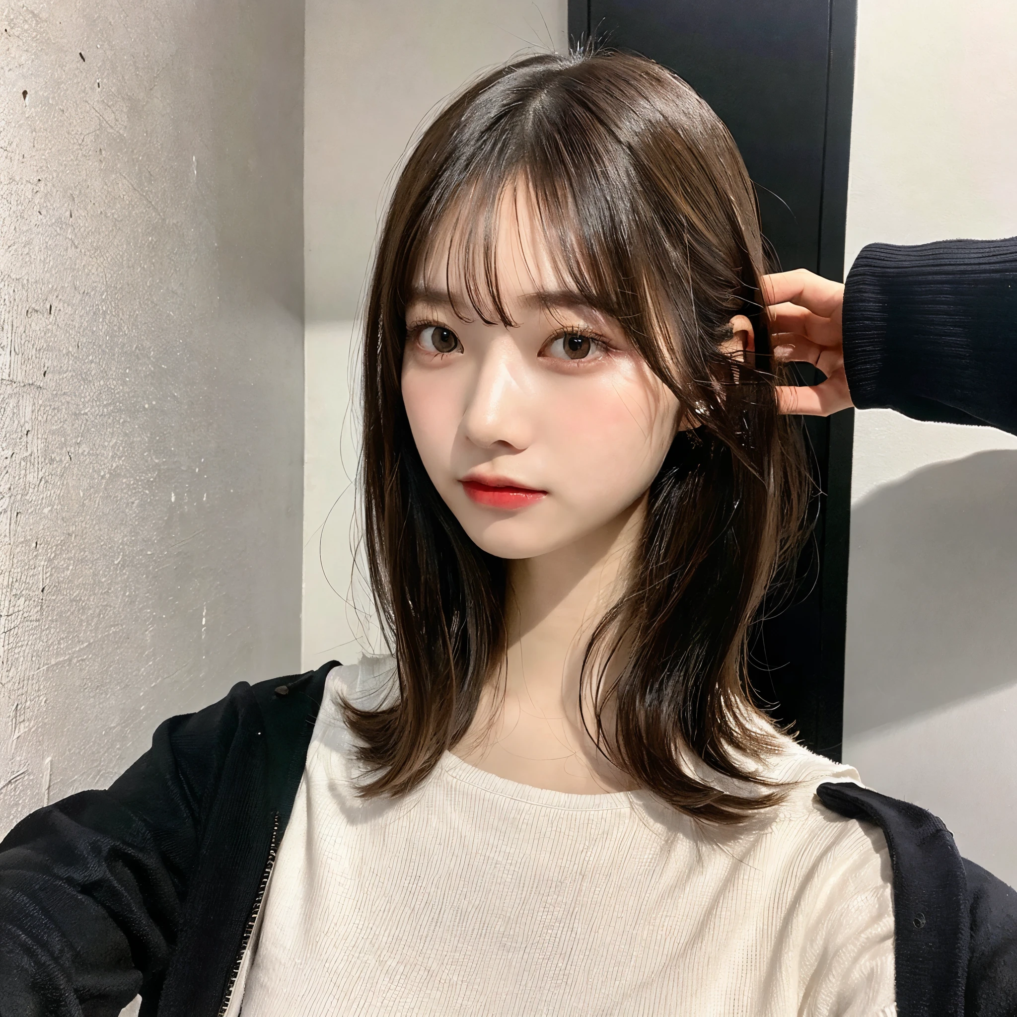 Visual blockbuster on the theme of hairstyle, Chinese girl with short hair, fashionable clothing with light hair, Chinese girl looking frontally at the camera, without makeup highlighting the texture and pores of facial skin, full color picture, close up - white solid background