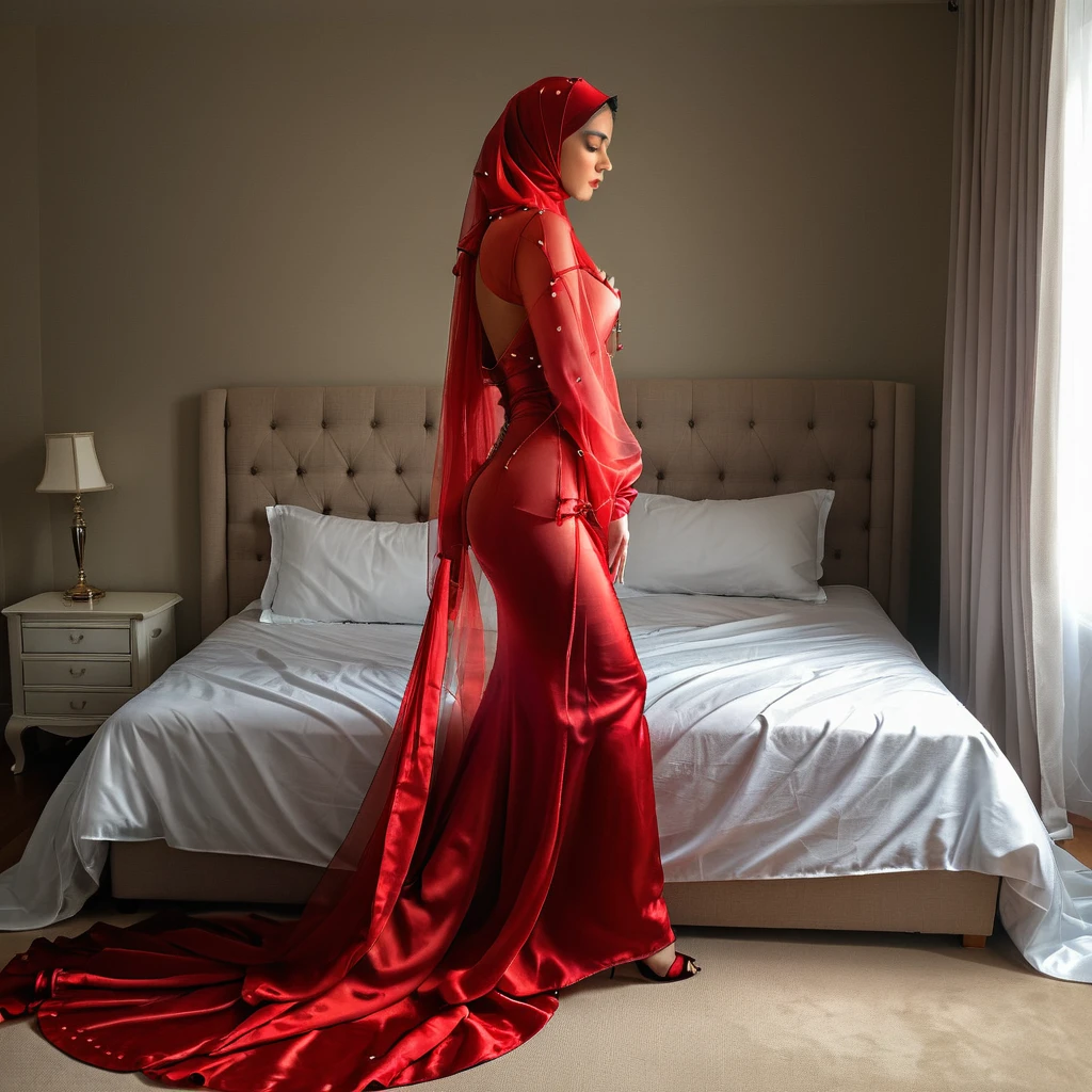 a woman in the translucent silk red gown, tight full body tied, satin sheet, nipple on with nipple piercing, wearing translucent veils, faceless, face cover with satin veil, satin hijab, full body, long satin,mermaid tight long gown, flowy dramatic long gown, tall women, satin bed, strugle to walk, wear high heels, satin bed, masterpice 