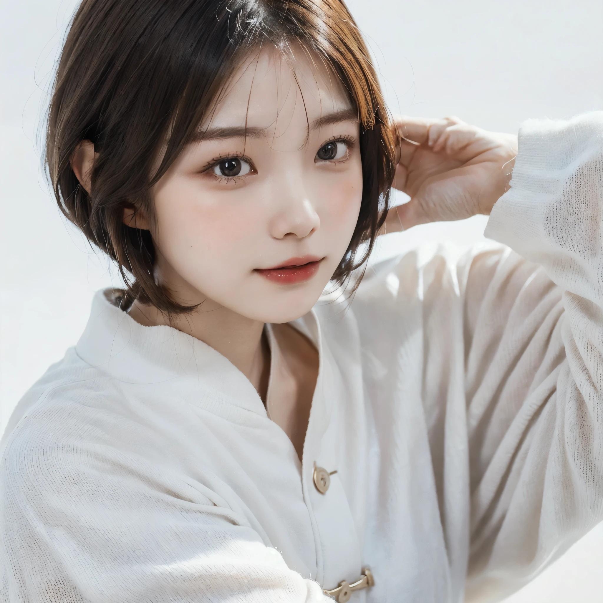 Visual blockbuster on the theme of hairstyle, Chinese girl with short hair, fashionable clothing with light hair, Chinese girl looking frontally at the camera, without makeup highlighting the texture and pores of facial skin, full color picture, close up - white solid background