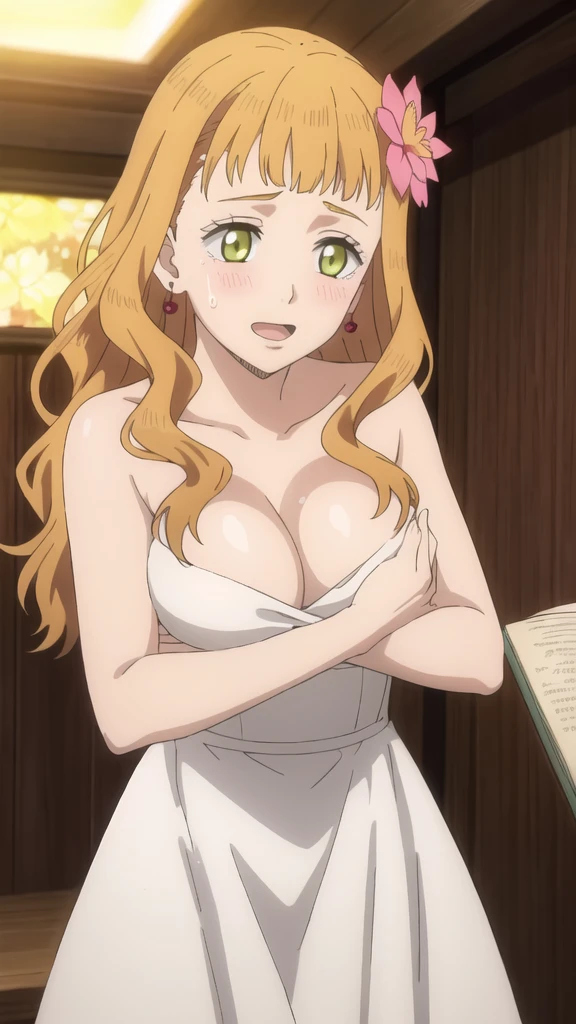 ((best quality)),((highly detailed)),masterpiece,detailed face,beautiful face,(detailed eyes, deep eyes),1girl((dynamic pose)), Mimosa, green eyes, solo, orange hair, flower, long hair, jewelry, hair ornament, earrings, hair flower, sweatdrop, open mouth, book, cowboy shot, sweat, bangs, wavy hair, glowing, hotsprings , nudity , blush , tongue out , sexy pose