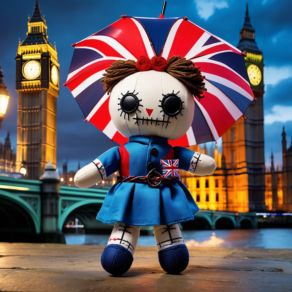 (knitted toy voodoo doll:1.7), (Voodoo doll:1.3), (Clothing: modern British outfit:1.0), (Accessories: enchanted umbrella that emits a soft blue light:1.1), (Background: iconic Big Ben with flying Union Jacks, red buses and the River Thames:1.2), best quality, masterpiece, detailed soft oil painting, detailed background, dramatic cinematic lighting, soft edge lighting, professional, dramatic lighting, hard edge lighting, ultra quality, 4k, masterpiece, best quality, 8k, ultra high definition, high resolution, extremely detailed