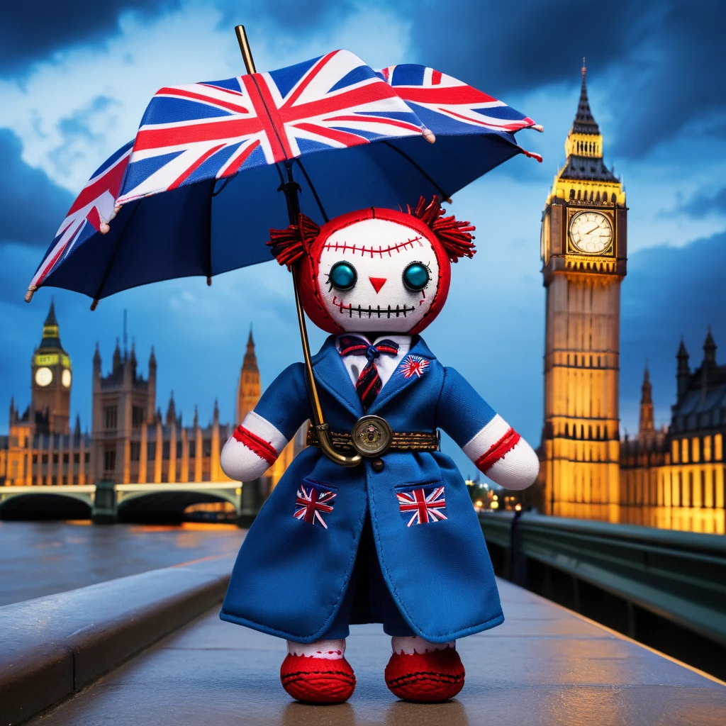 (knitted toy voodoo doll:1.7), (Voodoo doll:1.3), (Clothing: modern British outfit:1.0), (Accessories: enchanted umbrella that emits a soft blue light:1.1), (Background: iconic Big Ben with flying Union Jacks, red buses and the River Thames:1.2), best quality, masterpiece, detailed soft oil painting, detailed background, dramatic cinematic lighting, soft edge lighting, professional, dramatic lighting, hard edge lighting, ultra quality, 4k, masterpiece, best quality, 8k, ultra high definition, high resolution, extremely detailed