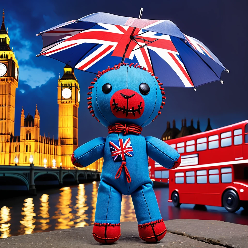 (knitted toy voodoo doll:1.7), (Voodoo doll:1.3), (Clothing: modern British outfit:1.0), (Accessories: enchanted umbrella that emits a soft blue light:1.1), (Background: iconic Big Ben with flying Union Jacks, red buses and the River Thames:1.2), best quality, masterpiece, detailed soft oil painting, detailed background, dramatic cinematic lighting, soft edge lighting, professional, dramatic lighting, hard edge lighting, ultra quality, 4k, masterpiece, best quality, 8k, ultra high definition, high resolution, extremely detailed