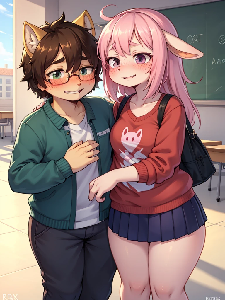 ugly face female , ugly loose body , (Freckles:0.9) , Romance , (sexual harassment:0.2) , dull Fluttery clothes , shy geek , school
