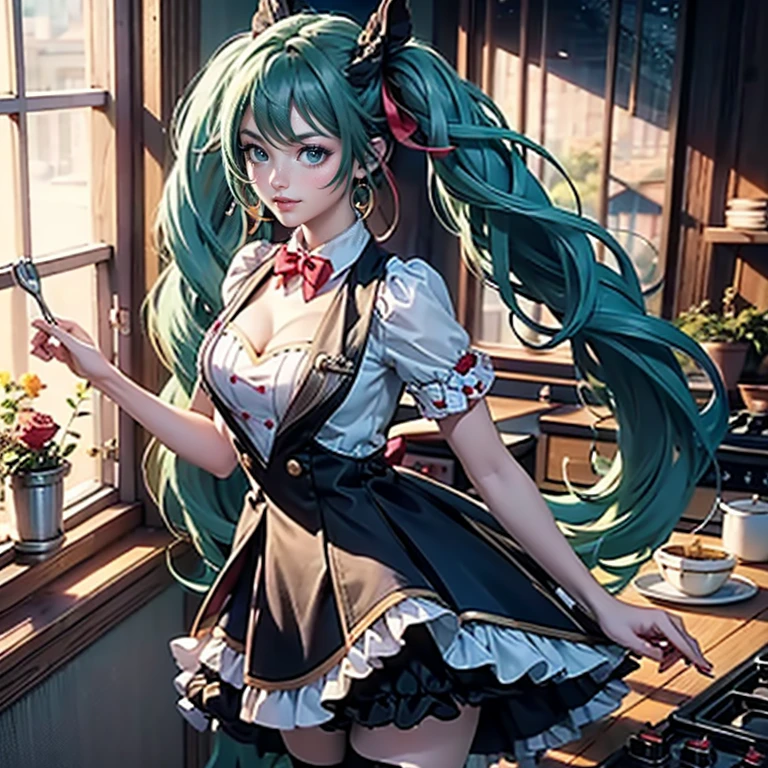 1girl, centered girl, perfectly body, perfectly hands, solo, jewelry, magenta roses, rabbit jewel on her hair, ornament hair, twintails, rabbit jewel on her hair, purple hair, long hair, long flowing hair, floating hair, ornament hair, perfectly body, perfectly hands, rose on hair, magenta rose on hair, Looking at the viewer, on the kitchen, stand up close to window, cakes, flowing hair, Beautiful Eyes, Plump and glossy lips, maid, black dress with too many frills, black maid dress, magenta laces, maid black Short skirt, maid small skirt, black skirt with layers, Drape clothes, magenta gem, Lace trim, luxury gold details, gold jewelry, more details, best quality, Big sparkling eyes, blushing, black Striped Lace Stockings, black Lolita skirt, sparkle, solo, centered girl, cowboy shot, perfectly body, perfectly hands, two arms, two legs, two hands, five fingers, cake, perfect anatomy, glowing hair, magenta roses, on the kitchen, sparkles, more details on her clothes, maid black dress with transparency, ornament hair, perfectly body, perfectly hands, wave hair, light green hair, long hair, maid, maid dress, maid headdress, maid apron, garden through the window, bakery, kitchen scenery, gold lantern, bakery utensils, holding a pastry brush, black dress, more details on her clothes, black dress, golden details, rabbit, smiling, ((4k, masterpiece, top-quality)),8k, best quality, high resolution, HD, (illustration:0.8), super cute girl, delicate and beautiful face, 1girl, solo, mature girl, super cute hairstyle, (beautiful detailed eyes:1.6), extremely detailed face, perfect lighting, extremely detailed CG, (perfect hands, perfect anatomy), Best quality, cleavage, short skirt, full Body, cleavage