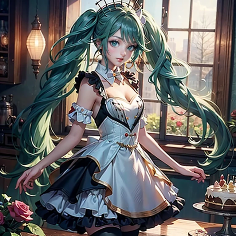 1girl, centered girl, perfectly body, perfectly hands, solo, jewelry, magenta roses, rabbit jewel on her hair, ornament hair, twintails, rabbit jewel on her hair, purple hair, long hair, long flowing hair, floating hair, ornament hair, perfectly body, perfectly hands, rose on hair, magenta rose on hair, Looking at the viewer, on the kitchen, stand up close to window, cakes, flowing hair, Beautiful Eyes, Plump and glossy lips, maid, black dress with too many frills, black maid dress, magenta laces, maid black Short skirt, maid small skirt, black skirt with layers, Drape clothes, magenta gem, Lace trim, luxury gold details, gold jewelry, more details, best quality, Big sparkling eyes, blushing, black Striped Lace Stockings, black ta skirt, sparkle, solo, centered girl, cowboy shot, perfectly body, perfectly hands, two arms, two legs, two hands, five fingers, cake, perfect anatomy, glowing hair, magenta roses, on the kitchen, sparkles, more details on her clothes, maid black dress with transparency, ornament hair, perfectly body, perfectly hands, wave hair, light green hair, long hair, maid, maid dress, maid headdress, maid apron, garden through the window, bakery, kitchen scenery, gold lantern, bakery utensils, holding a pastry brush, black dress, more details on her clothes, black dress, golden details, rabbit, smiling, ((4k, masterpiece, top-quality)),8k, best quality, high resolution, HD, (illustration:0.8), super cute girl, delicate and beautiful face, 1girl, solo, mature girl, super cute hairstyle, (beautiful detailed eyes:1.6), extremely detailed face, perfect lighting, extremely detailed CG, (perfect hands, perfect anatomy), Best quality, cleavage, short skirt, full Body, cleavage