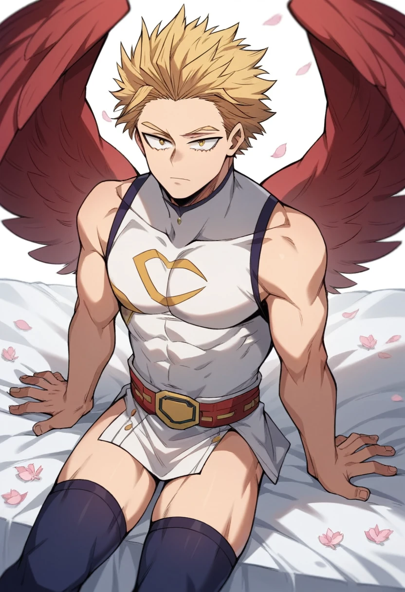 only, boy blonde hair slicked back, some front strands, gold eyes, white sleeveless long collar thigh-length shirt dress, long stockings above the knees , red wings on his back, sitting on his knees on a bed, with cherry blossoms, Boku no hero academia, Hawks 