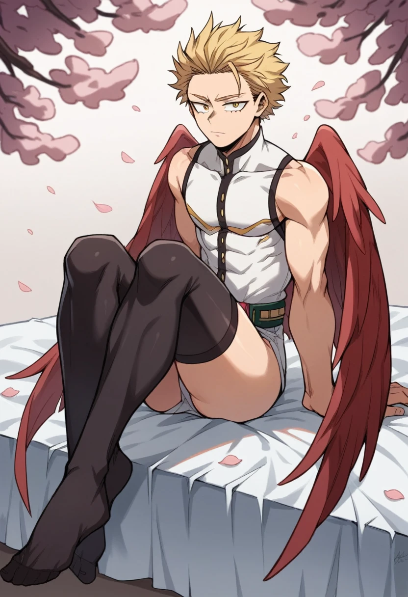 only, boy blonde hair slicked back, some front strands, gold eyes, white sleeveless long collar thigh-length shirt dress, long stockings above the knees , red wings on his back, sitting on his knees on a bed, with cherry blossoms, Boku no hero academia, Hawks